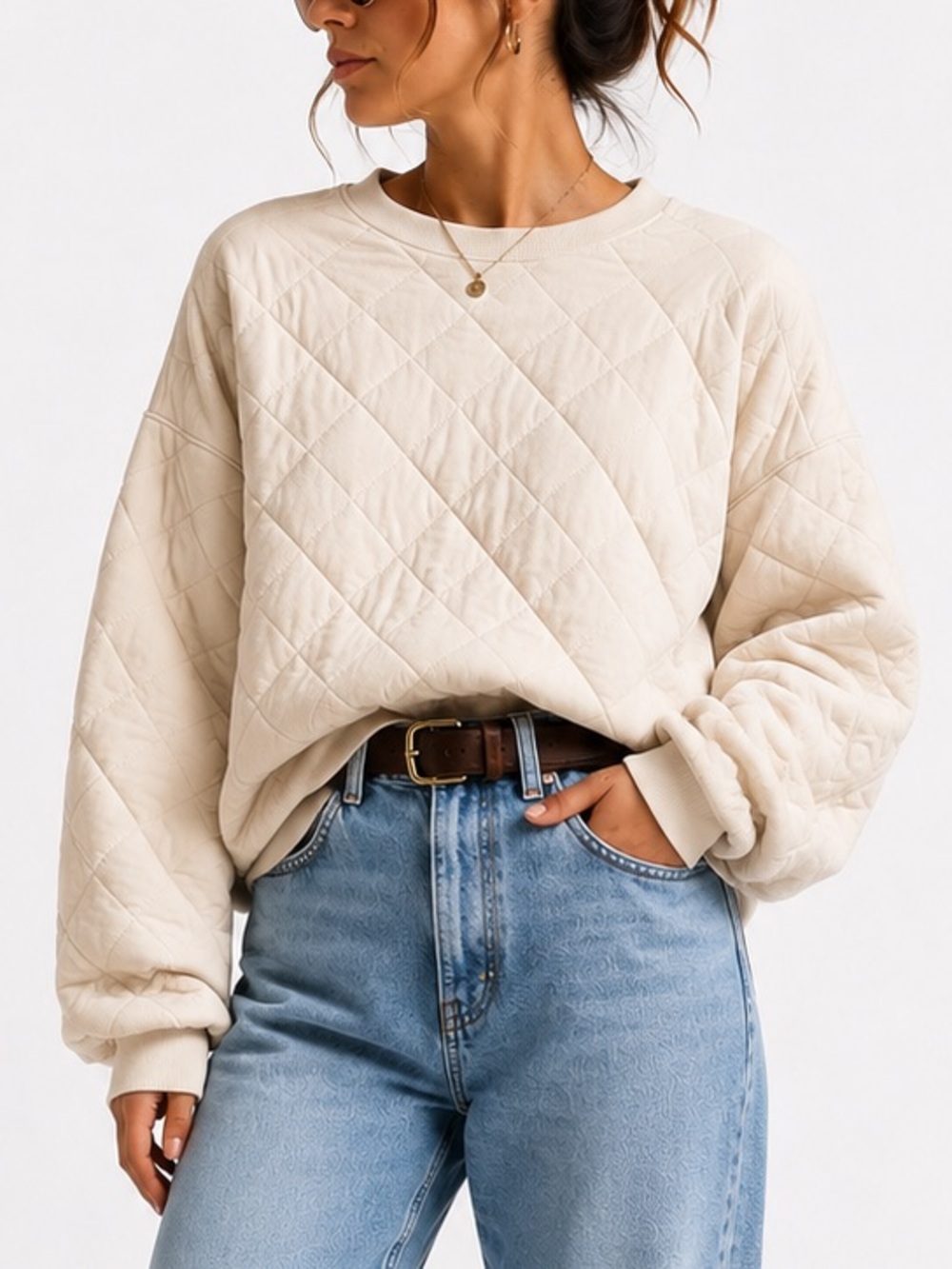 Universal Thread Cream Quilted Sweater with a Relaxed Fit